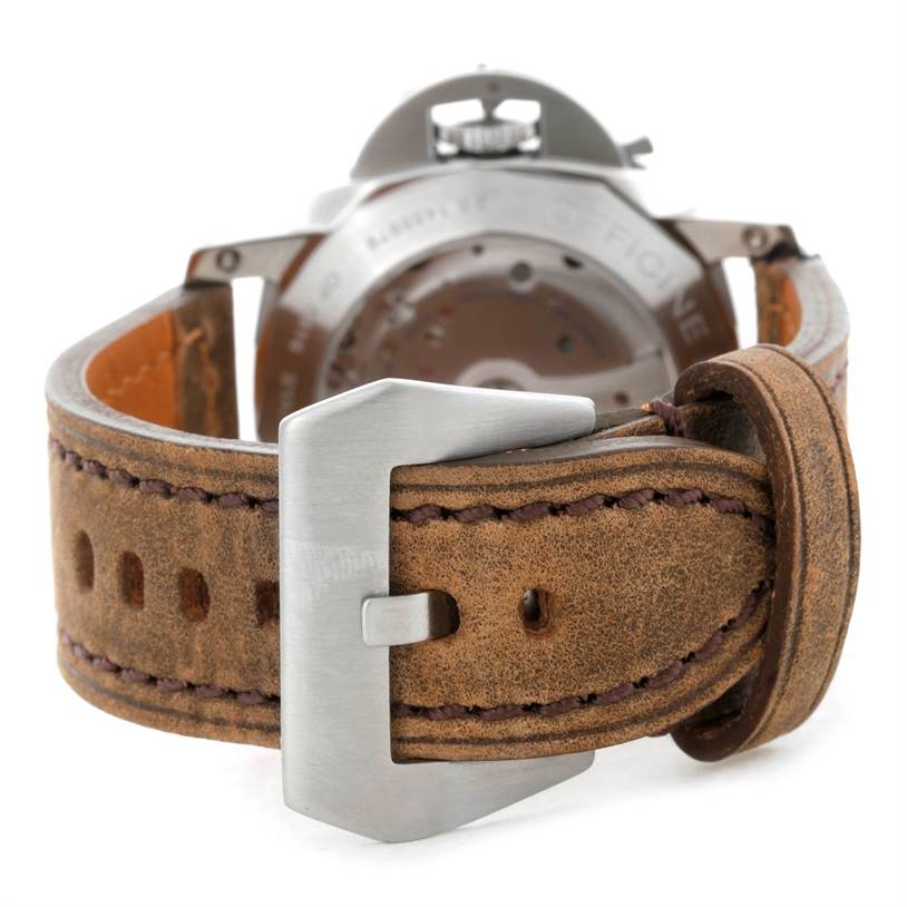 The image shows the back of a Panerai Luminor PAM00359 Men's Stainless Steel Black Dial PAM00359 Men's Stainless Steel Black Dial watch, focusing on the leather strap and buckle.