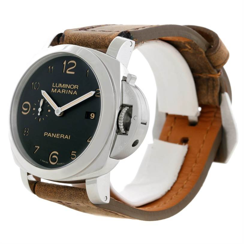 The image shows a Panerai Luminor PAM00359 Men's Stainless Steel Black Dial PAM00359 Men's Stainless Steel Black Dial Marina watch from an angled front view, highlighting its face, crown guard, and leather strap.
