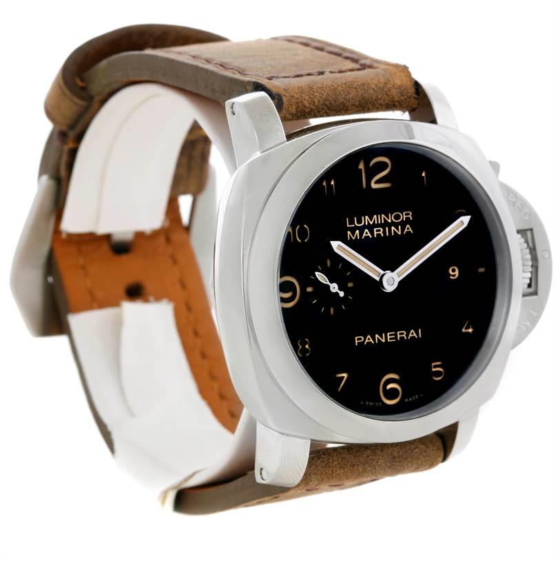 The Panerai Luminor PAM00359 Men's Stainless Steel Black Dial PAM00359 Men's Stainless Steel Black Dial watch is shown at a three-quarter angle, highlighting its dial, bezel, crown guard, and leather strap.