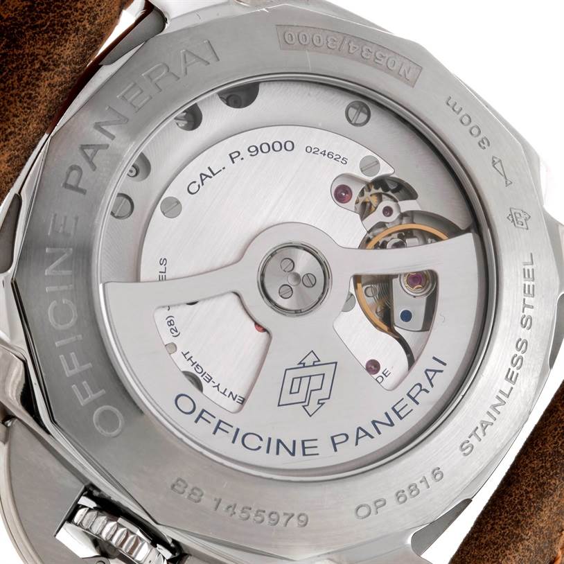 The image shows the back of a Panerai Luminor PAM00359 Men's Stainless Steel Black Dial PAM00359 Men's Stainless Steel Black Dial watch, highlighting its movement mechanism and "OFFICINE PANERAI" engravings.