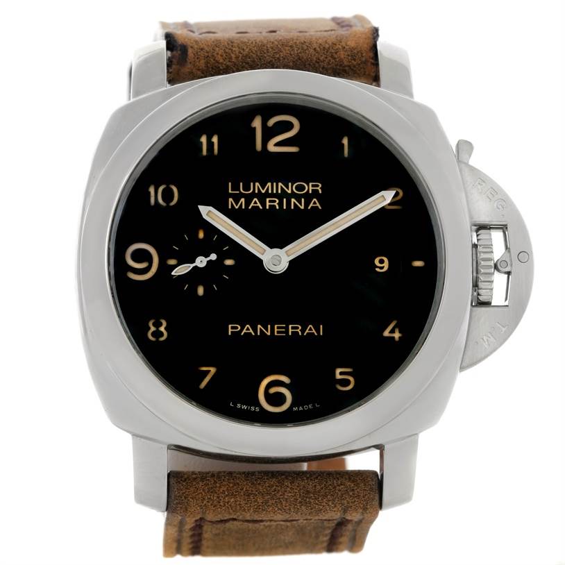 The image shows a front view of the Panerai Luminor PAM00359 Men's Stainless Steel Black Dial PAM00359 Men's Stainless Steel Black Dial watch, displaying the watch face, hands, dial, and leather strap.