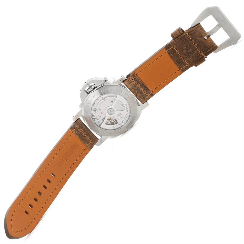 The image shows the back view of a Panerai Luminor PAM00359 Men's Stainless Steel Black Dial PAM00359 Men's Stainless Steel Black Dial watch, highlighting its leather strap and exposed mechanical movement.