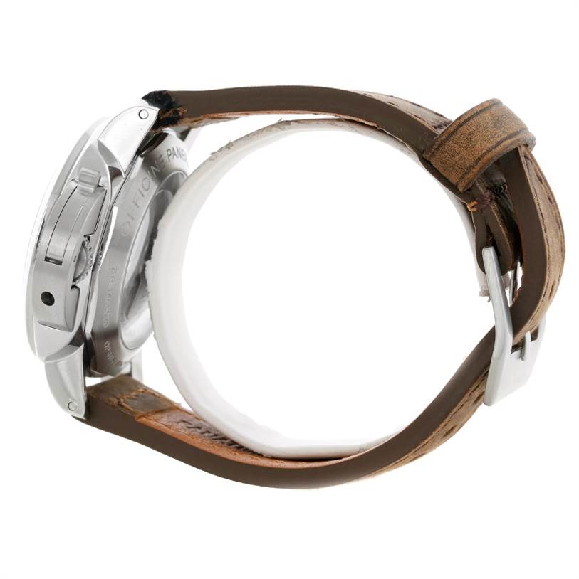 This image shows a side view of a Panerai Luminor PAM00359 Men's Stainless Steel Black Dial PAM00359 Men's Stainless Steel Black Dial watch, highlighting the case, crown guard, and brown leather strap.