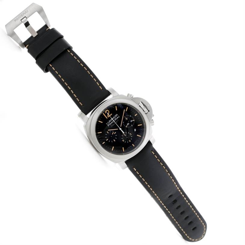 The image shows a top-down view of a Panerai Luminor PAM00356 Men's Stainless Steel Black Dial PAM00356 Men's Stainless Steel Black Dial watch featuring its dial, bezel, case, strap, and buckle.