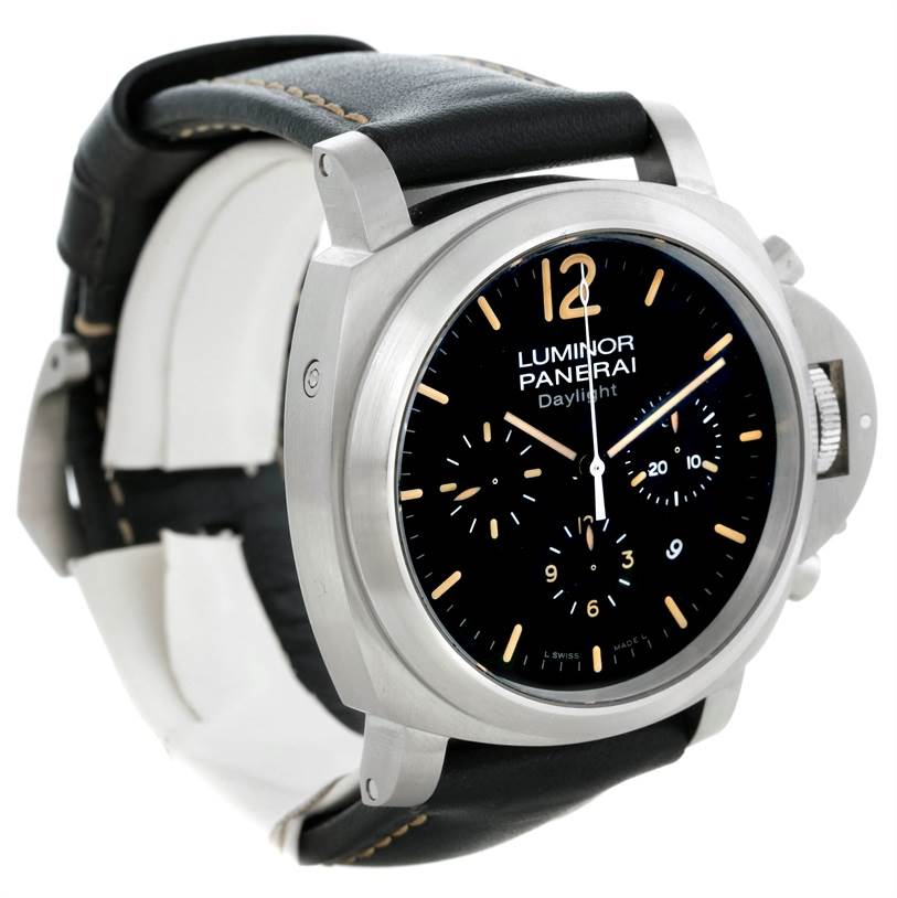 The Panerai Luminor PAM00356 Men's Stainless Steel Black Dial PAM00356 Men's Stainless Steel Black Dial model watch is shown at a side angle, highlighting its case, dial, crown guard, and leather strap.