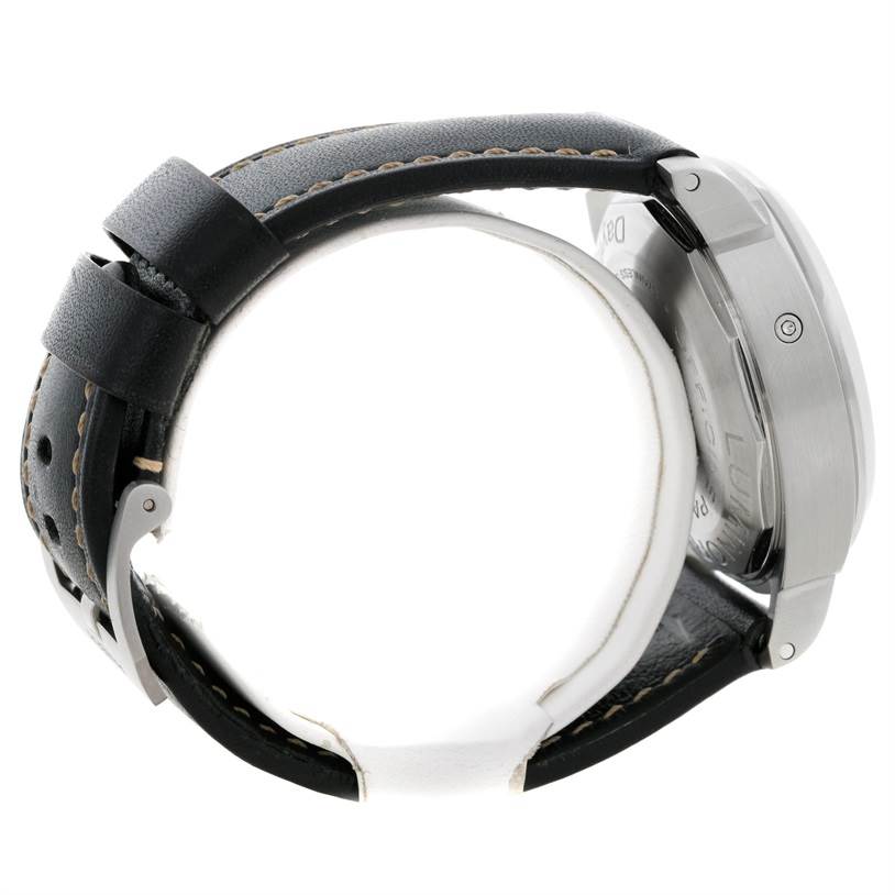 The image shows the side and back view of a Panerai Luminor PAM00356 Men's Stainless Steel Black Dial PAM00356 Men's Stainless Steel Black Dial watch, including its leather strap and buckle.