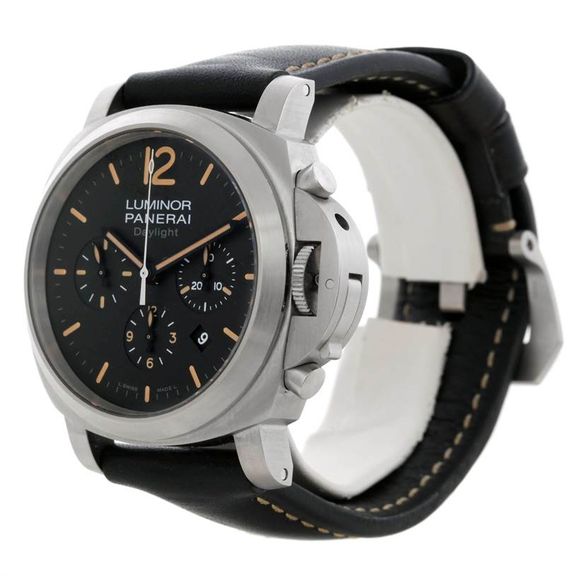 The image shows a Panerai Luminor PAM00356 Men's Stainless Steel Black Dial PAM00356 Men's Stainless Steel Black Dial watch from an angled side view, highlighting the case, dial, and black leather strap.