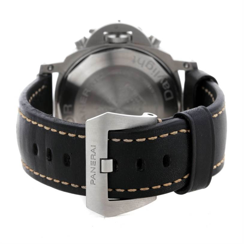 The image shows the back view of a Panerai Luminor PAM00356 Men's Stainless Steel Black Dial PAM00356 Men's Stainless Steel Black Dial watch, highlighting its buckle and leather strap.