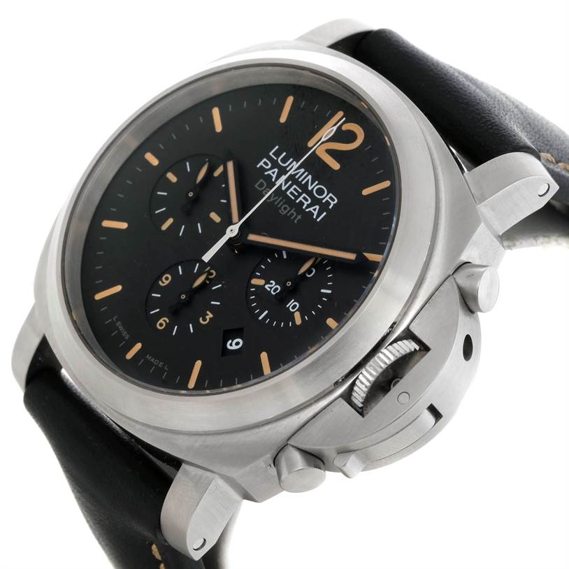 The image shows a close-up of a Panerai Luminor PAM00356 Men's Stainless Steel Black Dial PAM00356 Men's Stainless Steel Black Dial watch displaying the dial, crown guard, and part of the leather strap.