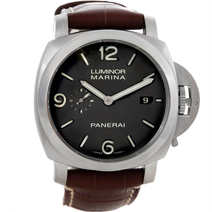 The image displays a front view of the Panerai Luminor PAM00312 Men's Stainless Steel Black Dial PAM00312 Men's Stainless Steel Black Dial Marina watch, showing its dial, crown guard, and leather strap.
