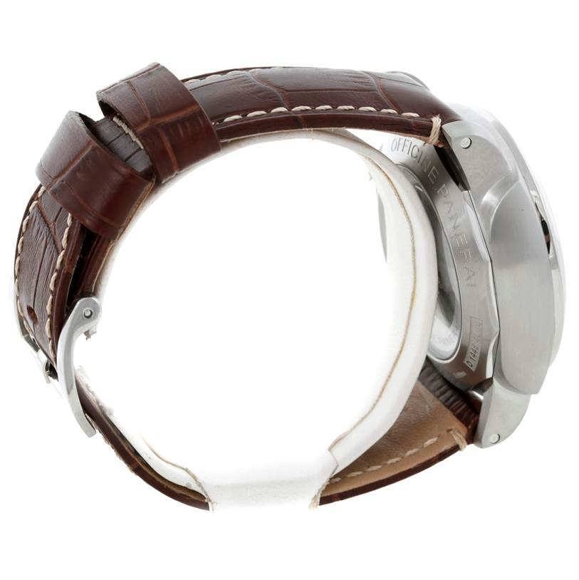 The image shows a side angle of the Panerai Luminor PAM00312 Men's Stainless Steel Black Dial PAM00312 Men's Stainless Steel Black Dial watch, highlighting the brown leather strap and the case back.