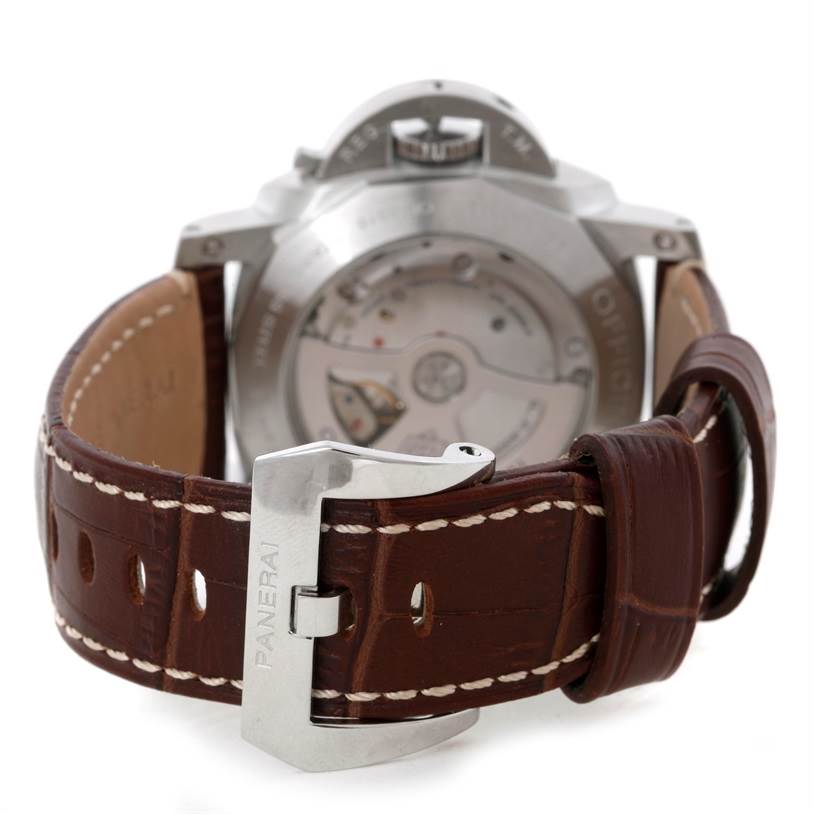 This image shows the back of a Panerai Luminor PAM00312 Men's Stainless Steel Black Dial PAM00312 Men's Stainless Steel Black Dial watch, highlighting the transparent case back and brown leather strap with a Panerai clasp.