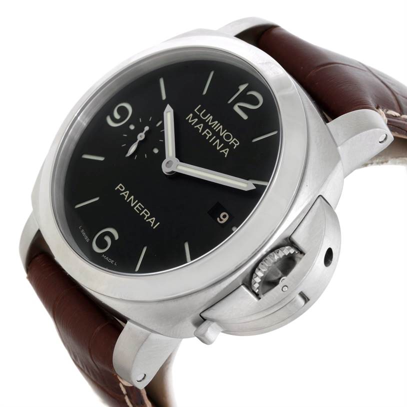 The image shows a close-up of the Panerai Luminor PAM00312 Men's Stainless Steel Black Dial PAM00312 Men's Stainless Steel Black Dial model watch at an angle displaying its dial, crown guard, and strap.