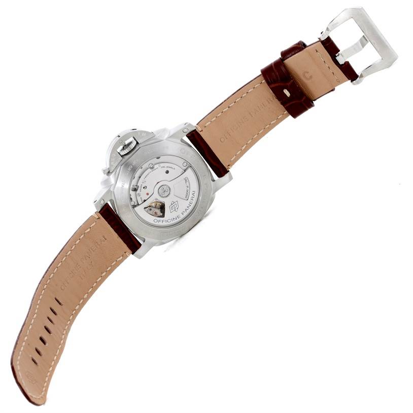 The image shows the back view of a Panerai Luminor PAM00312 Men's Stainless Steel Black Dial PAM00312 Men's Stainless Steel Black Dial watch, highlighting the mechanical movement and leather strap.