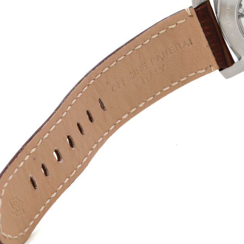 The image shows the underside of the leather strap and part of the back case of a Panerai Luminor PAM00312 Men's Stainless Steel Black Dial PAM00312 Men's Stainless Steel Black Dial watch.