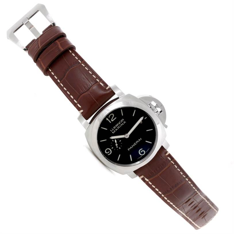 This image shows the front angle of a Panerai Luminor PAM00312 Men's Stainless Steel Black Dial PAM00312 Men's Stainless Steel Black Dial watch featuring a black dial and brown leather strap.