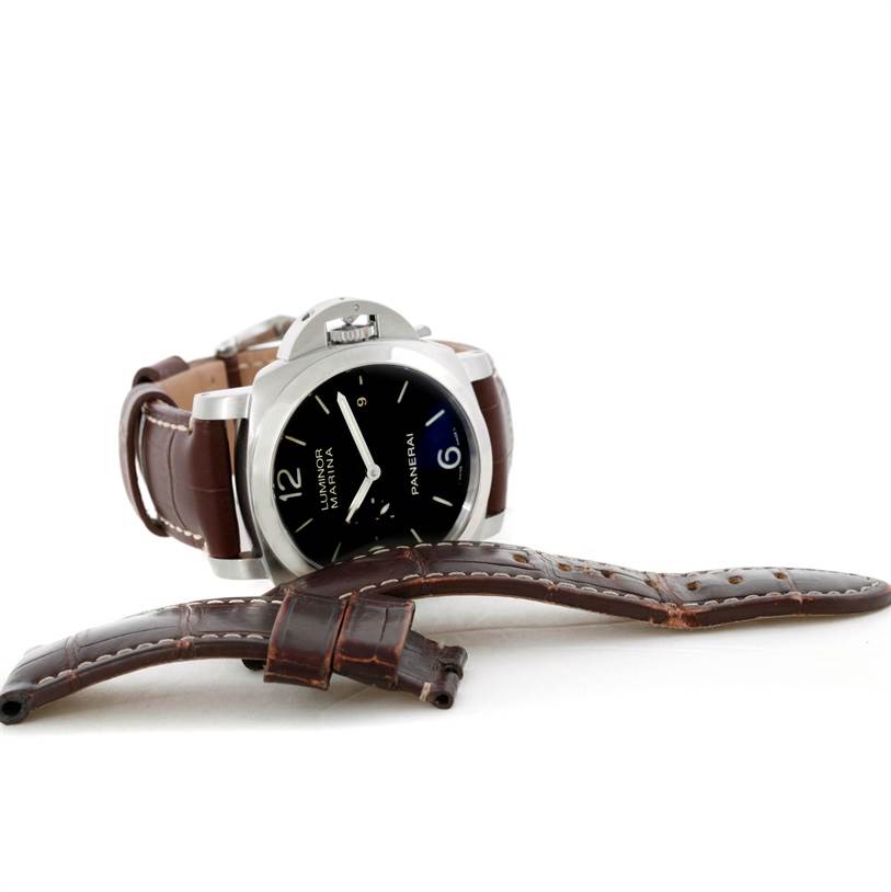 The image shows a Panerai Luminor PAM00312 Men's Stainless Steel Black Dial PAM00312 Men's Stainless Steel Black Dial watch from a front angle with additional brown leather straps.