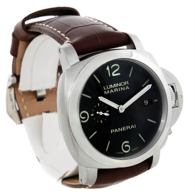 The image shows a Panerai Luminor PAM00312 Men's Stainless Steel Black Dial PAM00312 Men's Stainless Steel Black Dial watch at a slight angle, highlighting the face, crown guard, and brown leather strap.