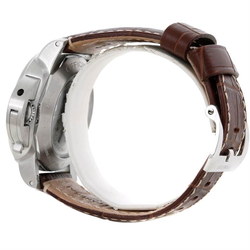 The image shows the side view of a Panerai Luminor PAM00312 Men's Stainless Steel Black Dial PAM00312 Men's Stainless Steel Black Dial watch, highlighting the crown guard, case back, and brown leather strap.