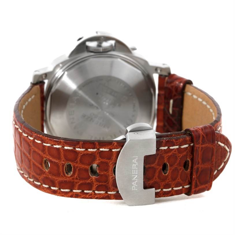 The image shows the back view of a Panerai Luminor PAM00048 Men's Stainless Steel Black Dial PAM00048 Men's Stainless Steel Black Dial watch, highlighting the leather strap and branded buckle.