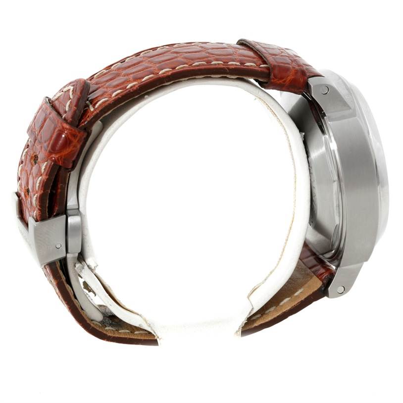 The image shows a side view of a Panerai Luminor PAM00048 Men's Stainless Steel Black Dial PAM00048 Men's Stainless Steel Black Dial watch, highlighting the leather strap and stainless steel case.