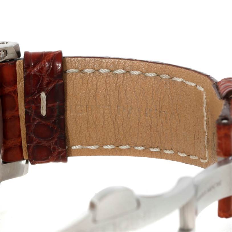 This image shows a close-up of the leather strap and clasp of a Panerai Luminor PAM00048 Men's Stainless Steel Black Dial PAM00048 Men's Stainless Steel Black Dial watch.