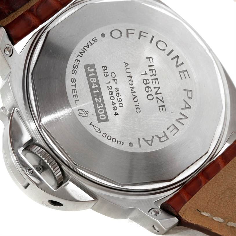 This image shows the back case and crown guard of a Panerai Luminor PAM00048 Men's Stainless Steel Black Dial PAM00048 Men's Stainless Steel Black Dial watch, highlighting its stainless steel construction and engravings.