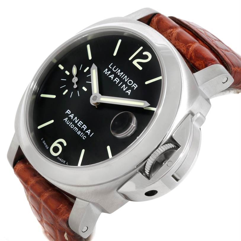 The image shows a Panerai Luminor PAM00048 Men's Stainless Steel Black Dial PAM00048 Men's Stainless Steel Black Dial Marina watch at an angled view displaying the face, bezel, crown guard, and leather strap.