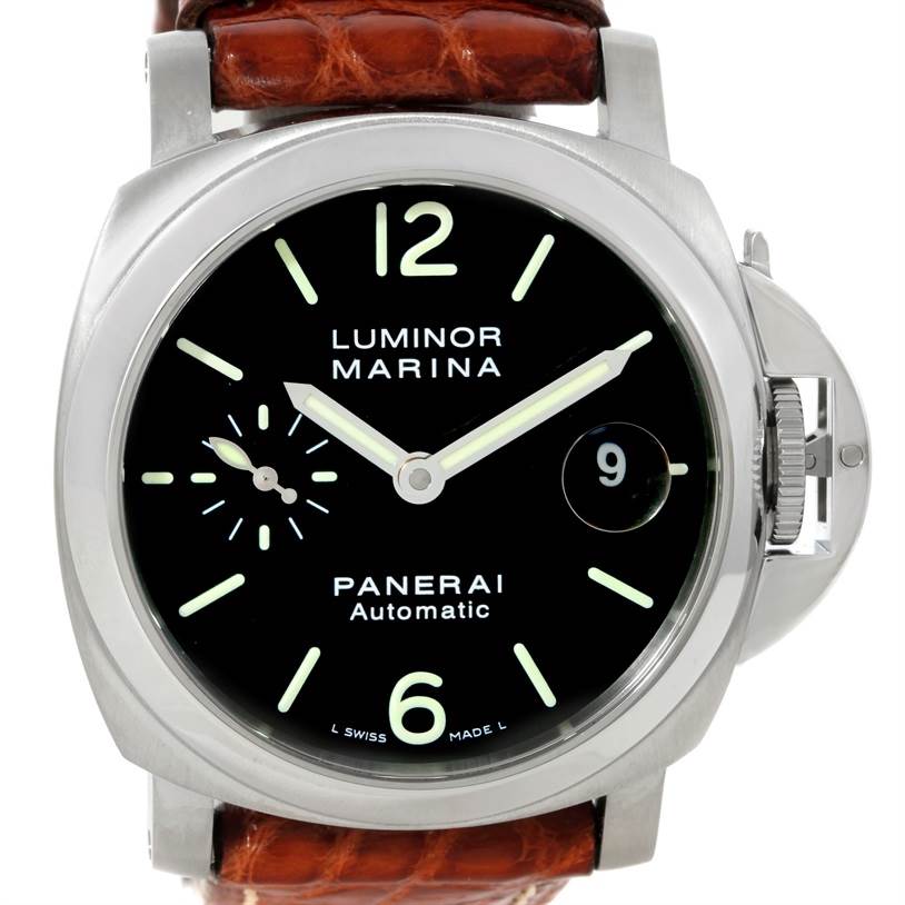 The image shows a front view of a Panerai Luminor PAM00048 Men's Stainless Steel Black Dial PAM00048 Men's Stainless Steel Black Dial Marina watch with a black dial and brown leather strap.