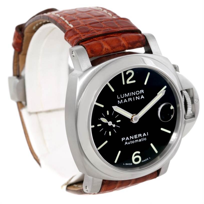 The image shows a Panerai Luminor PAM00048 Men's Stainless Steel Black Dial PAM00048 Men's Stainless Steel Black Dial Marina watch from a front angle, focusing on the black dial and brown leather strap.