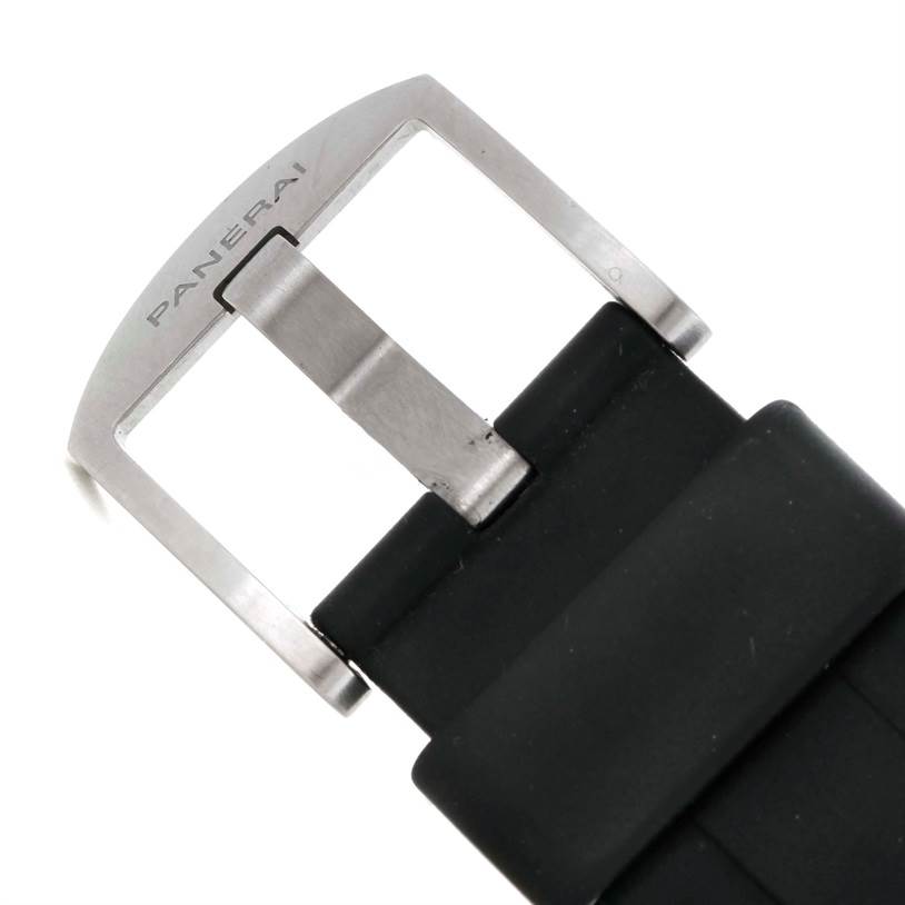 The image shows the buckle and strap of a Panerai Luminor PAM00392 Men's Stainless Steel Black Dial PAM00392 Men's Stainless Steel Black Dial watch from a top-down angle.