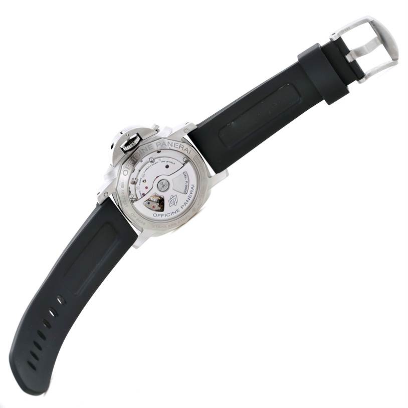 The image shows the back view of a Panerai Luminor PAM00392 Men's Stainless Steel Black Dial PAM00392 Men's Stainless Steel Black Dial watch, highlighting its transparent case back and black rubber strap.