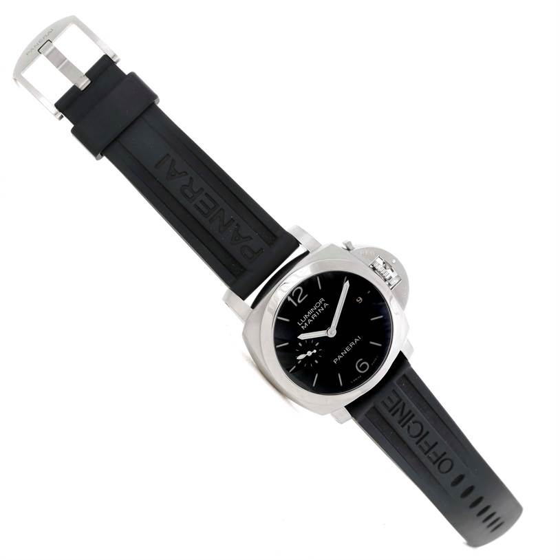 This image shows a top-down view of a Panerai Luminor PAM00392 Men's Stainless Steel Black Dial PAM00392 Men's Stainless Steel Black Dial watch, featuring its black rubber strap and stainless steel case.