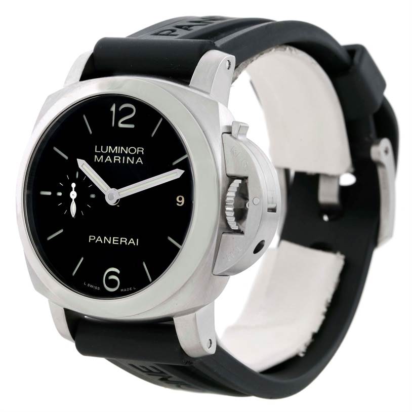 The image shows a Panerai Luminor PAM00392 Men's Stainless Steel Black Dial PAM00392 Men's Stainless Steel Black Dial Marina watch from a front angle, highlighting the black dial, case, and rubber strap.