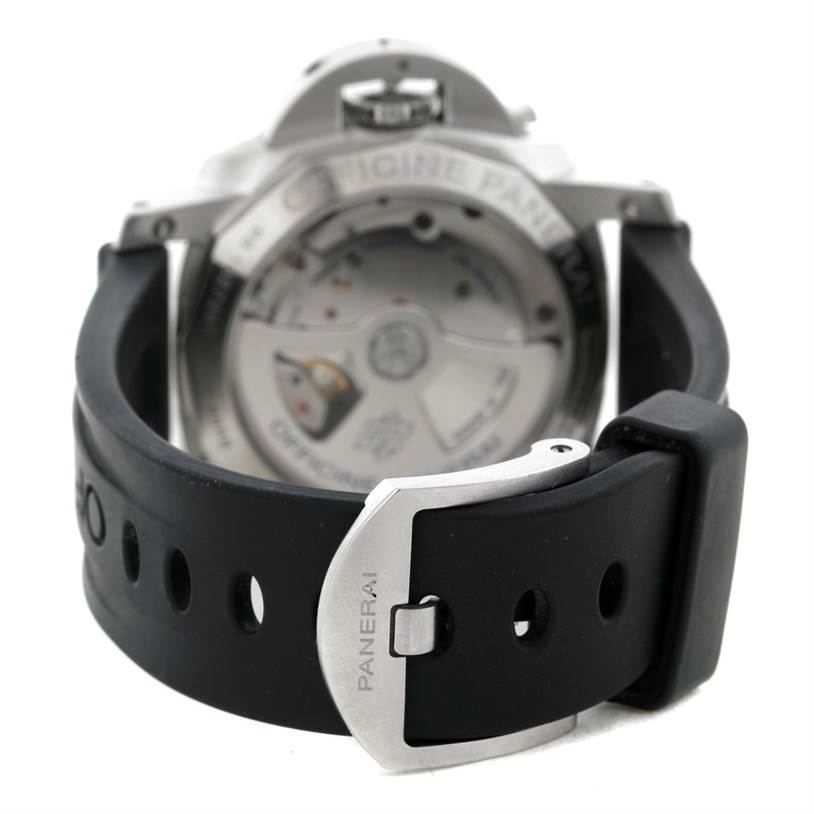 The image shows the back view of a Panerai Luminor PAM00392 Men's Stainless Steel Black Dial PAM00392 Men's Stainless Steel Black Dial watch with focus on the buckle and case back.