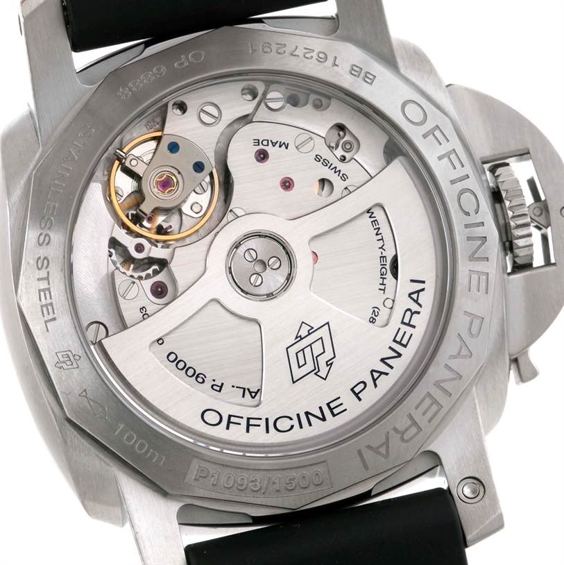 The image shows the back view of a Panerai Luminor PAM00392 Men's Stainless Steel Black Dial PAM00392 Men's Stainless Steel Black Dial watch, displaying its internal mechanical components.