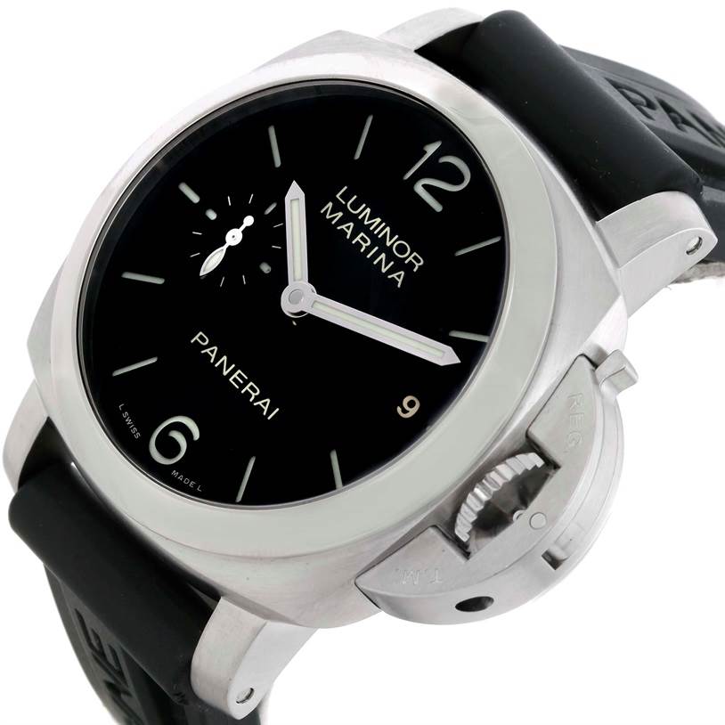 The image shows a Panerai Luminor PAM00392 Men's Stainless Steel Black Dial PAM00392 Men's Stainless Steel Black Dial watch angled from the front left, featuring the dial, crown protector, and part of the strap.