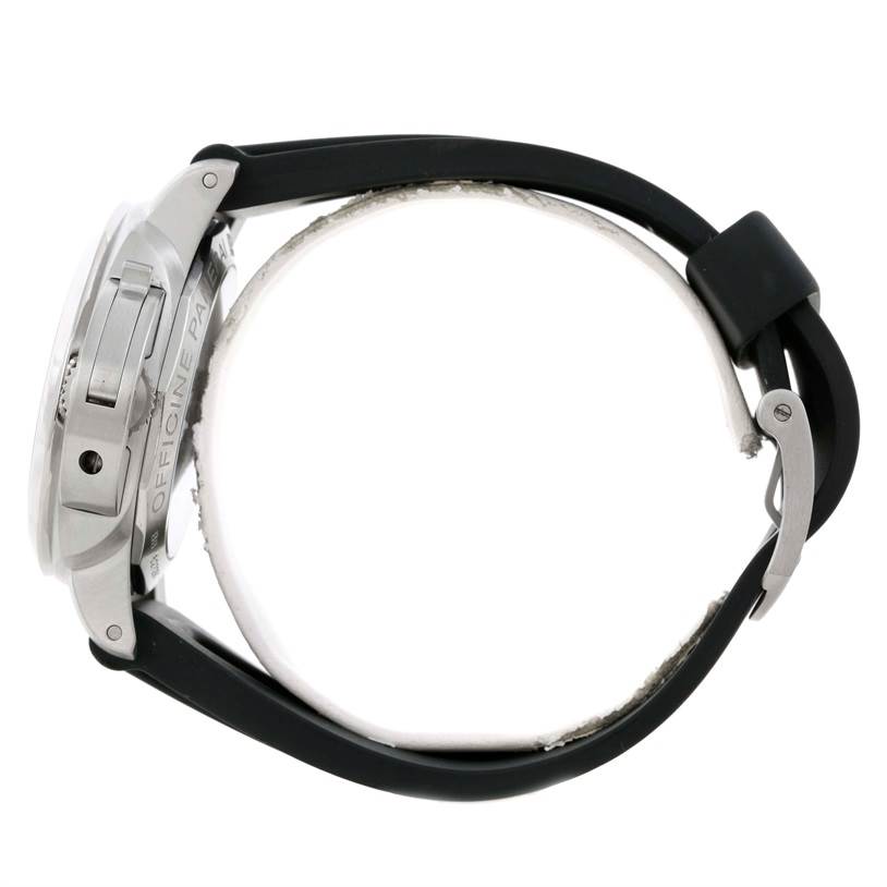 This side view of the Panerai Luminor PAM00392 Men's Stainless Steel Black Dial PAM00392 Men's Stainless Steel Black Dial watch shows its case, crown guard, and strap.