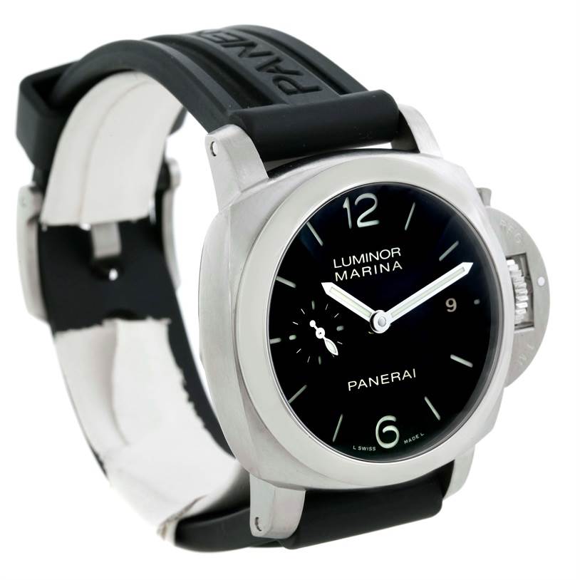 The image shows a Panerai Luminor PAM00392 Men's Stainless Steel Black Dial PAM00392 Men's Stainless Steel Black Dial Marina watch at a slight angled view, highlighting the face, bezel, crown guard, and rubber strap.