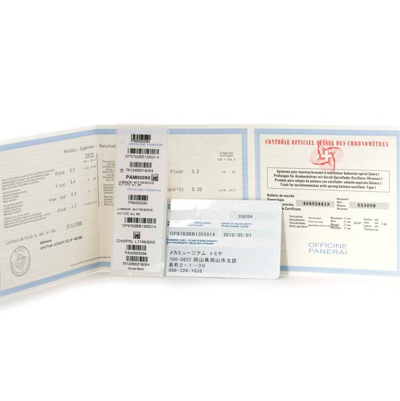 The image shows documentation and warranty papers for a Panerai Luminor PAM00090 Men's Stainless Steel Black Dial PAM00090 Men's Stainless Steel Black Dial model watch.