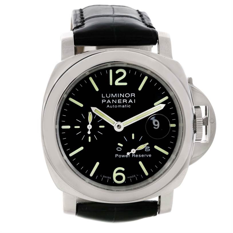This image shows a front view of the Panerai Luminor PAM00090 Men's Stainless Steel Black Dial PAM00090 Men's Stainless Steel Black Dial model watch, displaying the dial, crown guard, and leather strap.