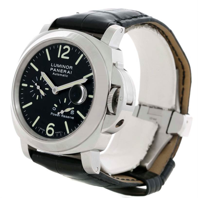The image shows a Panerai Luminor PAM00090 Men's Stainless Steel Black Dial PAM00090 Men's Stainless Steel Black Dial watch from a slight side angle, displaying its face, case, crown guard, and leather strap.