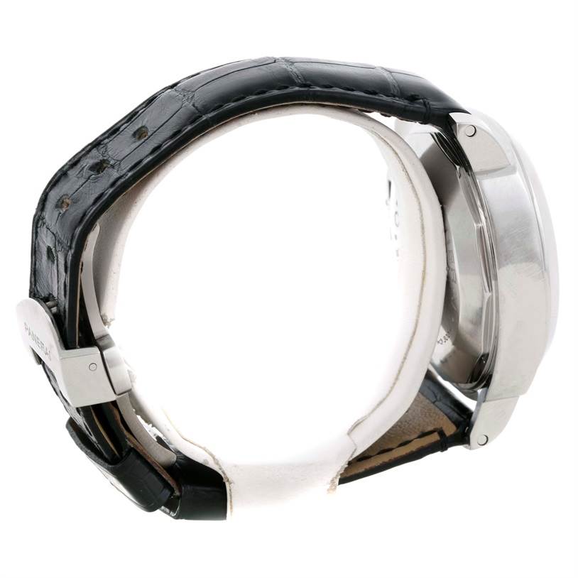 The image shows a side view of a Panerai Luminor PAM00090 Men's Stainless Steel Black Dial PAM00090 Men's Stainless Steel Black Dial watch, highlighting its strap and clasp mechanism.