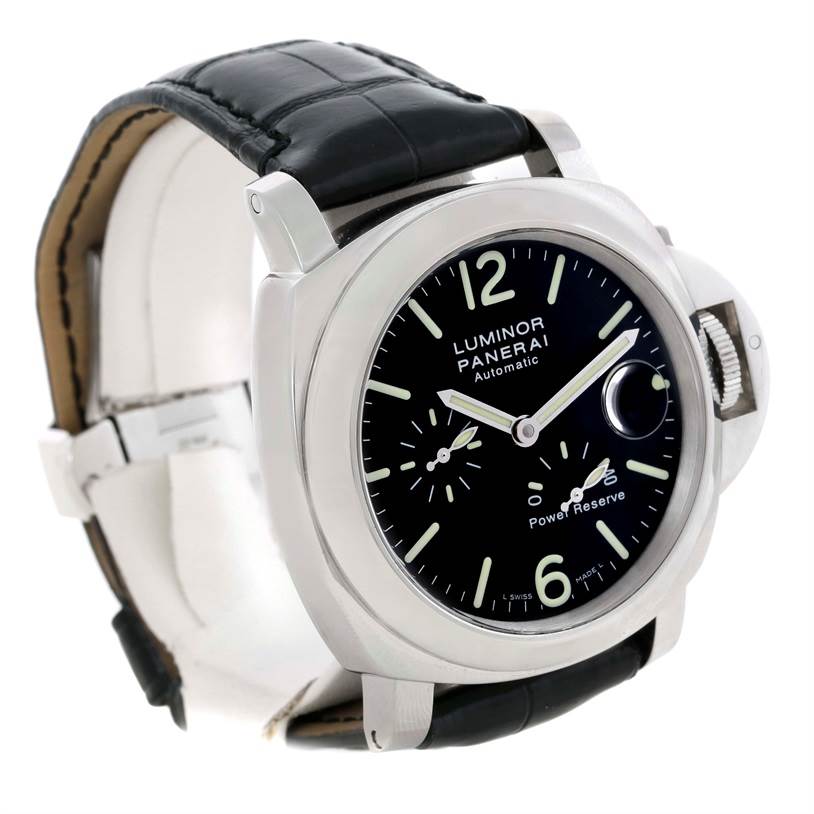This Panerai Luminor PAM00090 Men's Stainless Steel Black Dial PAM00090 Men's Stainless Steel Black Dial model is shown at an angle highlighting the watch face, side crown guard, and black leather strap.