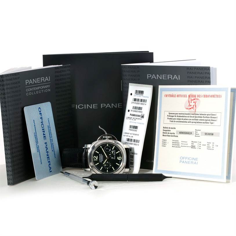 This image shows a Panerai Luminor PAM00090 Men's Stainless Steel Black Dial PAM00090 Men's Stainless Steel Black Dial watch front-facing, along with its box, warranty cards, certificates, and a tool.