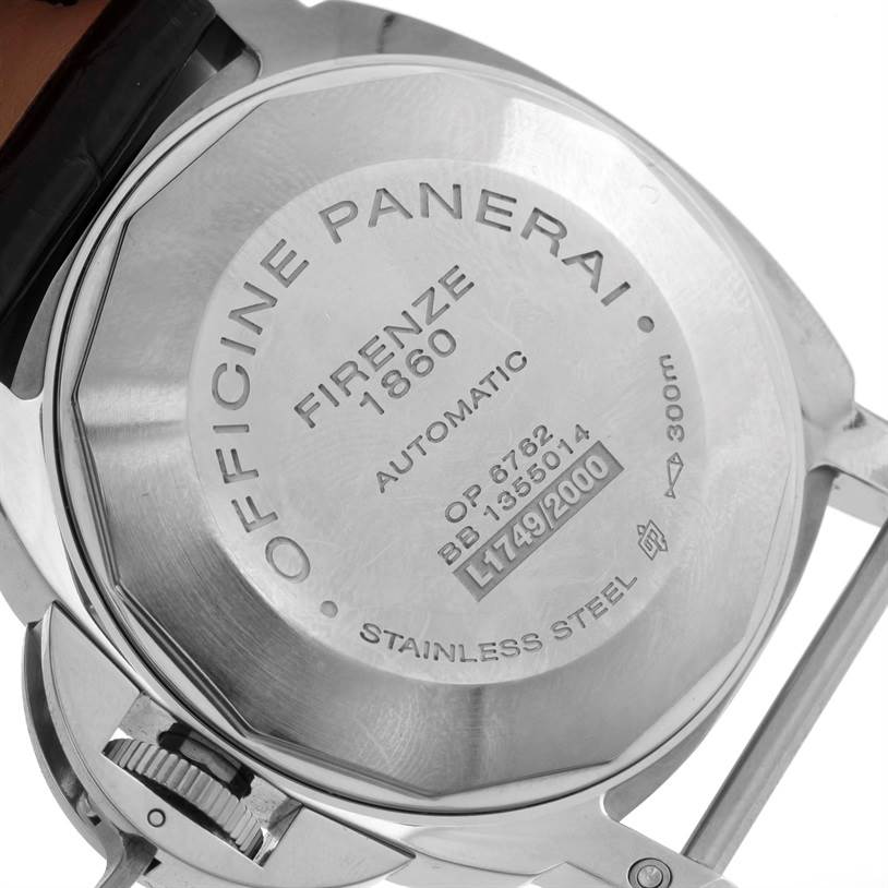 This image shows the case back of a Panerai Luminor PAM00090 Men's Stainless Steel Black Dial PAM00090 Men's Stainless Steel Black Dial watch, highlighting its engravings and stainless steel construction.