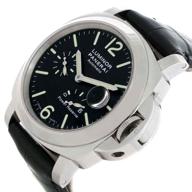 The image shows a close-up angled view of the Panerai Luminor PAM00090 Men's Stainless Steel Black Dial PAM00090 Men's Stainless Steel Black Dial watch face, including the dial, hands, and crown.