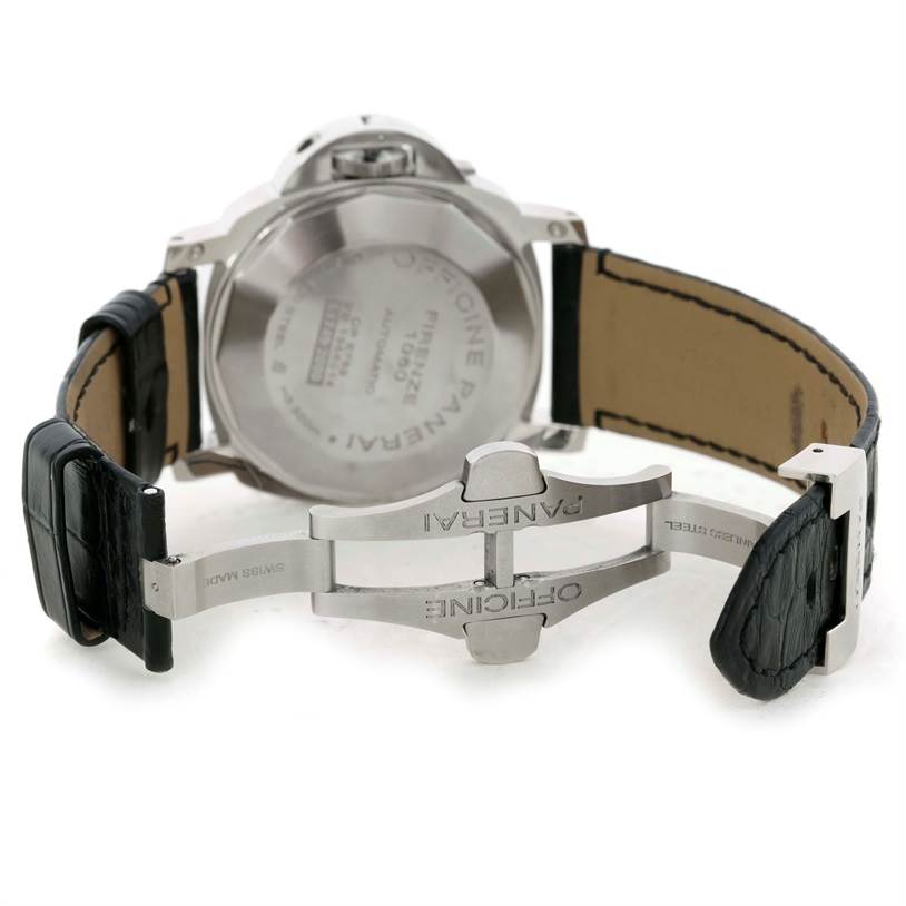 The image shows the back, open clasp, and strap of the Panerai Luminor PAM00090 Men's Stainless Steel Black Dial PAM00090 Men's Stainless Steel Black Dial watch.
