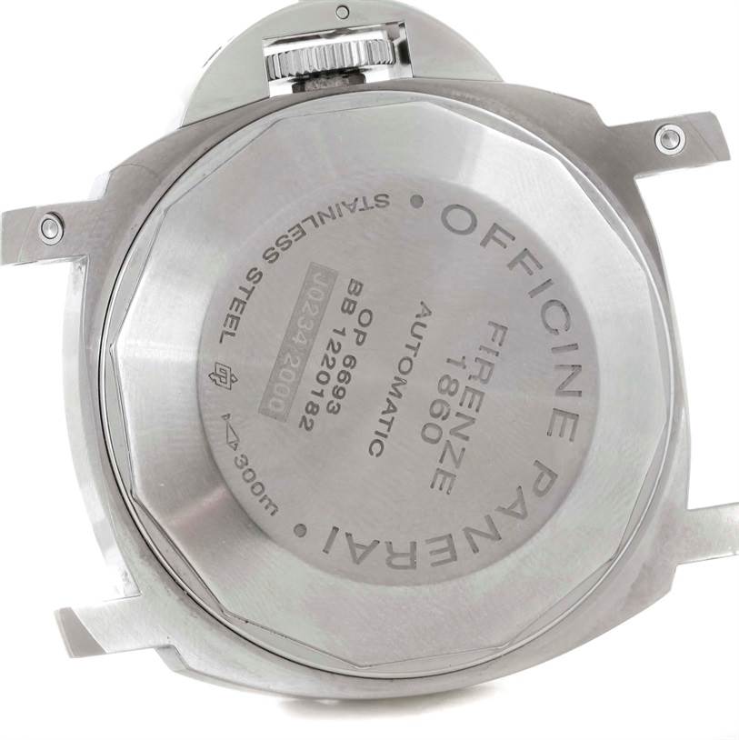 The image shows the back case of a Panerai Luminor PAM00164 Men's Stainless Steel Black Dial PAM00164 Men's Stainless Steel Black Dial watch, displaying engravings and the crown at the top.