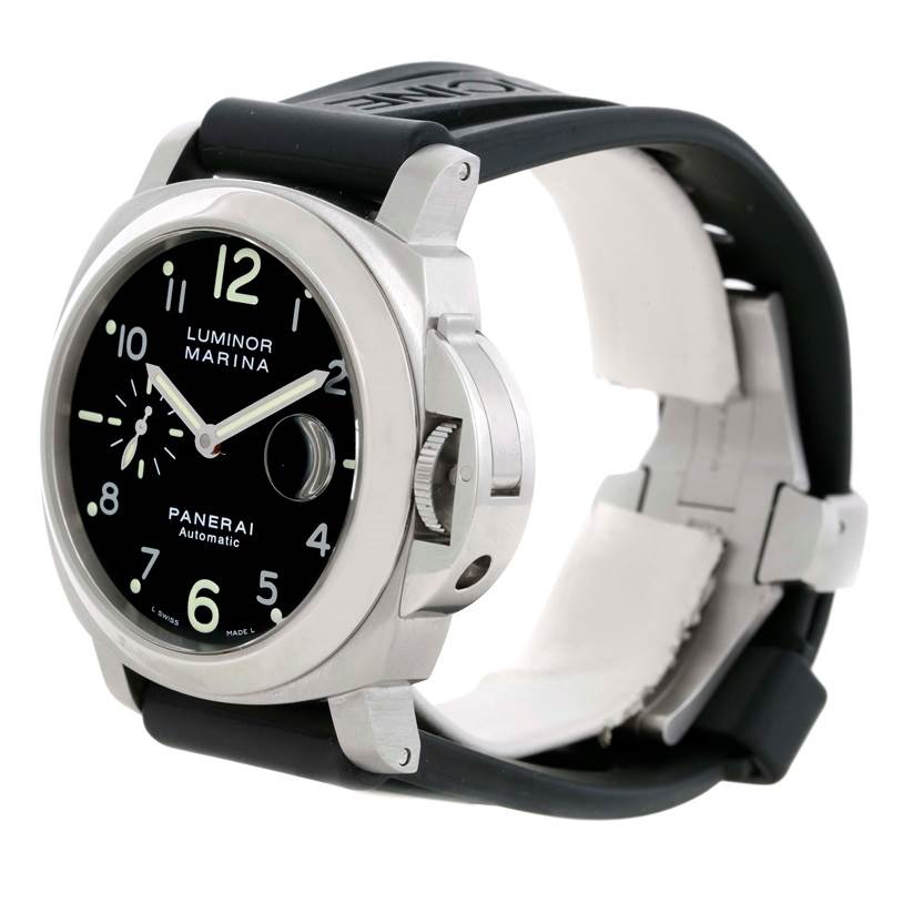 The image shows a Panerai Luminor PAM00164 Men's Stainless Steel Black Dial PAM00164 Men's Stainless Steel Black Dial watch from an angled side view, highlighting its case, dial, crown guard, and strap.